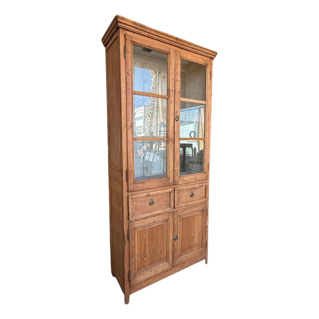19th Century Large & Narrow Cupboard or Bookcase with Glass Vitrine, Pine For Sale