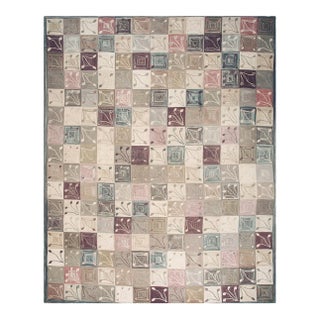 1980s Rustic Field Geometric Folk Art Vintage American Hooked Room Size Wool Rug For Sale