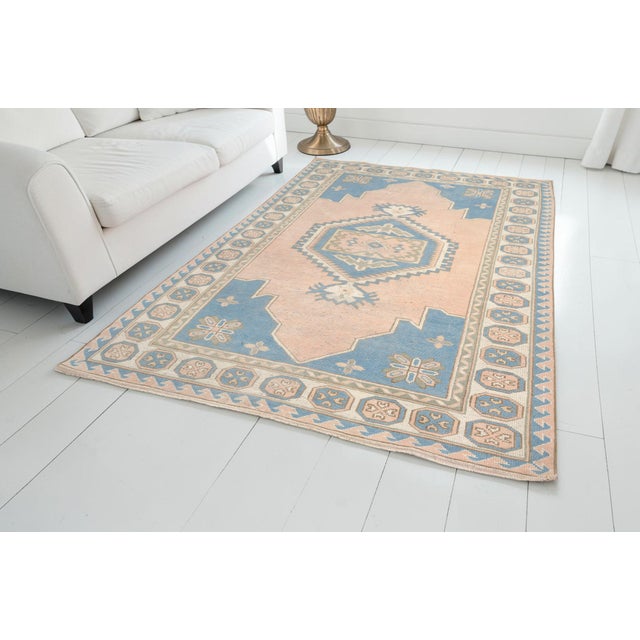 Turkish Mid 20th Century Soft Peach, Denim Blue, and Cream Medallion Area Rug For Sale - Image 3 of 8