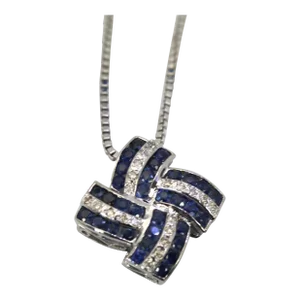 1980s Deco Style 14k Diamond & Sapphire Geometric Necklace
