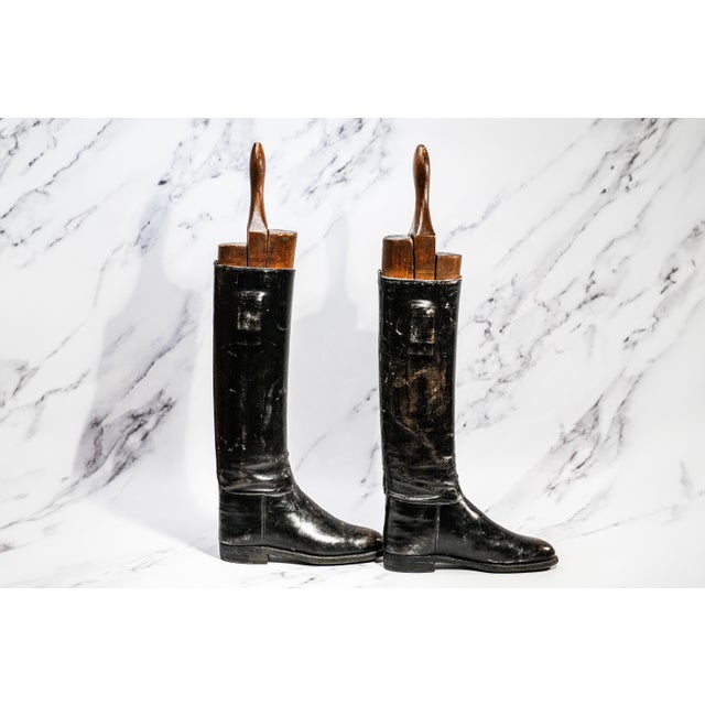 Black Stately Antique English Black Leather Horse Riding Boots With Wood Trees Equestrian Country Home Decor For Sale - Image 8 of 12