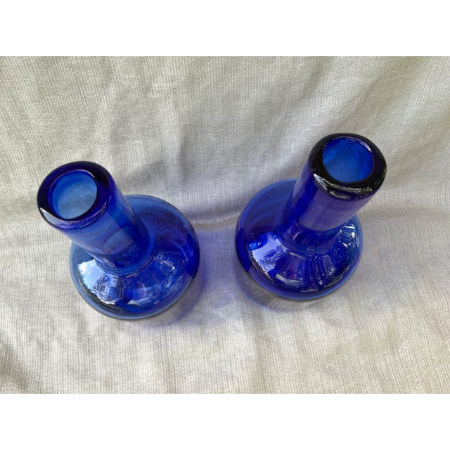 Glass Heavy Vintage Handblown Cobalt Bottles a Pair For Sale - Image 7 of 12