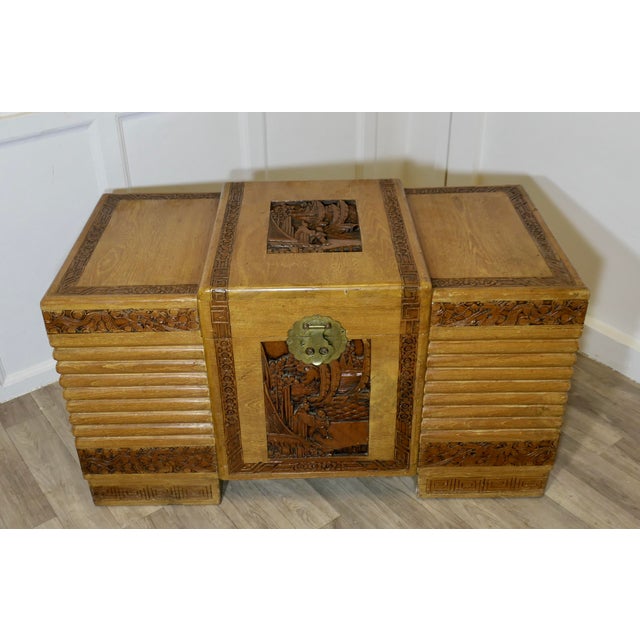 Art Deco Limed Oak & Carved Camphor Wood Chest, 1930s For Sale - Image 6 of 8