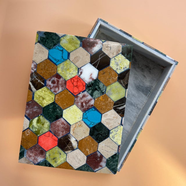 Late 20th Century Polychrome Semi-Precious Stone Hexagonal Inlaid Box, 20th Century For Sale - Image 5 of 14