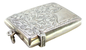 Silver Matchbox with Plant Motifs, Monogram Card and Hanging Ring