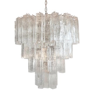 Italian Murano Glass Chandelier | 4 Tier Clear Square Prism Tubes, Polished Nickel, 1980 (Style) Modern Luxury Lighting For Sale