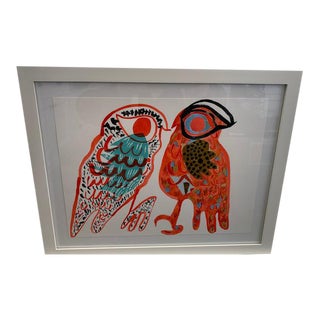 Two Colorful Birds Illustration, Framed For Sale