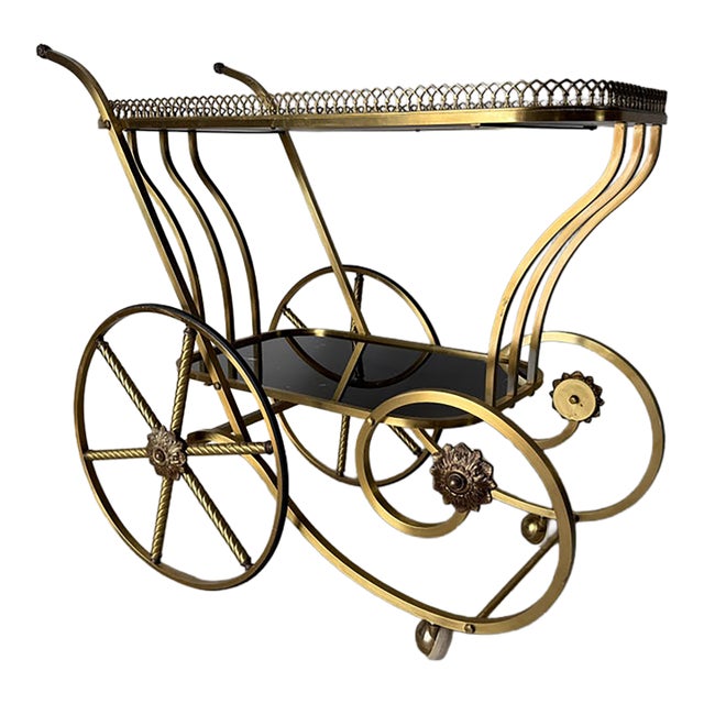 1960s Italian Hollywood Regency Scrolled Brass & Black Glass Two-Tier Bar Cart For Sale