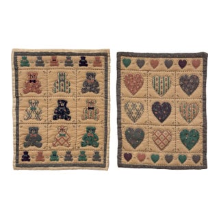 Pair of Vintage American Folk Art Hearts & Bears Quilted Textile Art, Dusty Pink, Baby Blue, Off-White For Sale