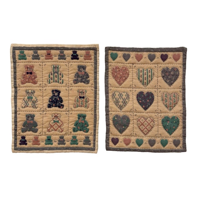 Pair of Vintage American Folk Art Hearts & Bears Quilted Textile Art, Dusty Pink, Baby Blue, Off-White For Sale