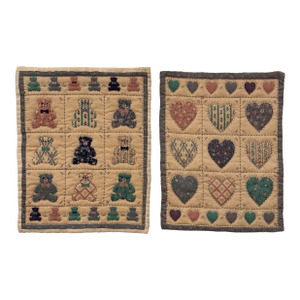 Pair of Vintage Americanl Folk Art Hearts & Bears Quilted Textile Art, Dusty Pink, Baby Blue, Off-White