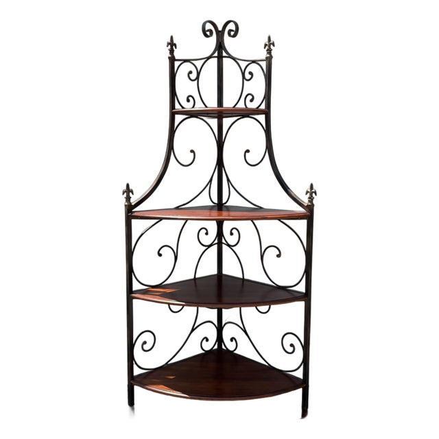 Late 20th Century Drexel Heritage French Country Wrought Iron & Wood Corner Etagere, Attributed For Sale