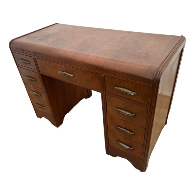 1930s Art Deco Desk Waterfall Top Seven Dovetail Brass Drawers Walnut Finished Back For Sale
