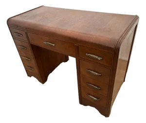 1930s Art Deco Desk Waterfall Top Seven Dovetail Brass Drawers Walnut Finished Back