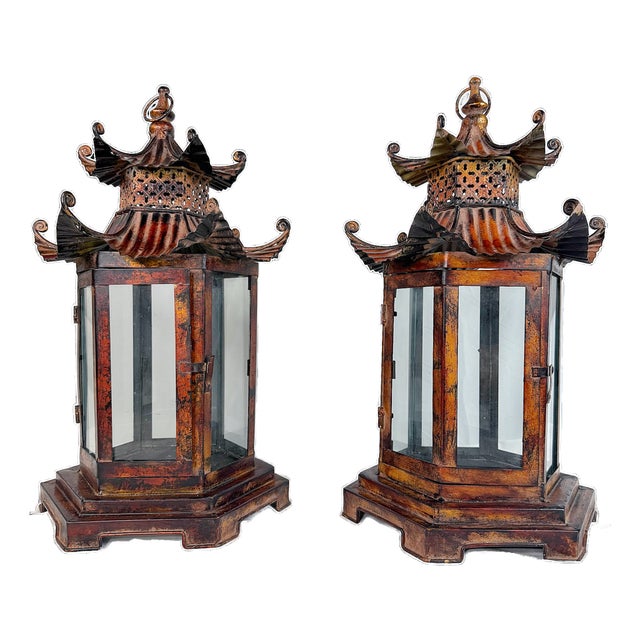 Brighton Pagoda Chinoiserie Metal Lanterns - A Pair For Sale