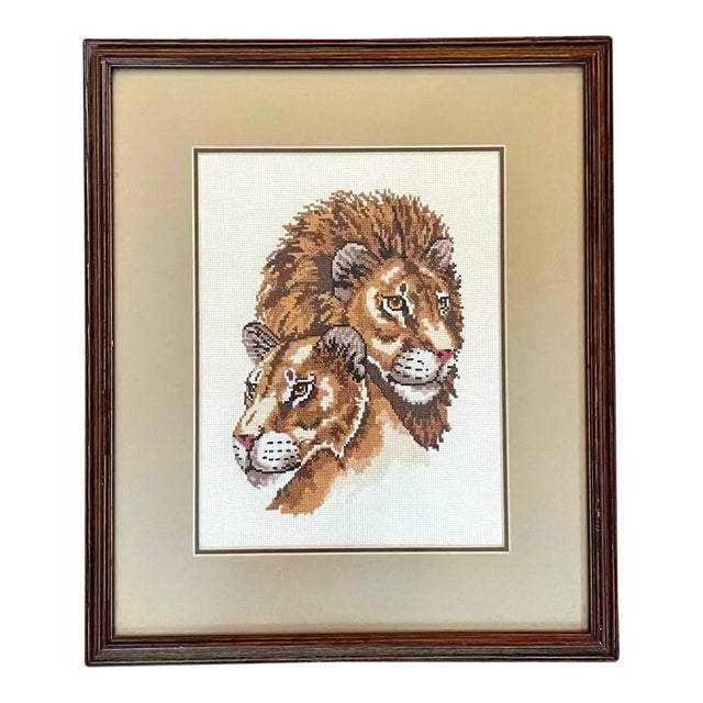 1970s Framed Needlepoint of Regal Lion & Lioness For Sale