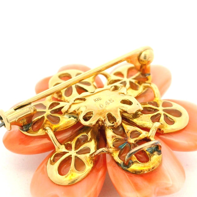 Italian Carved Coral & Diamond 18k Gold Flower Brooch Pendant, Circa 1970 For Sale - Image 12 of 13