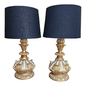 Vintage Pair of Italian Hand Carved Hollywood Regency Giltwood Table Lamps by Palladio