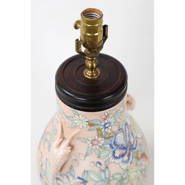 Famille Rose Vase Lamp With Animal Head Handles and Flowers For Sale - Image 4 of 9