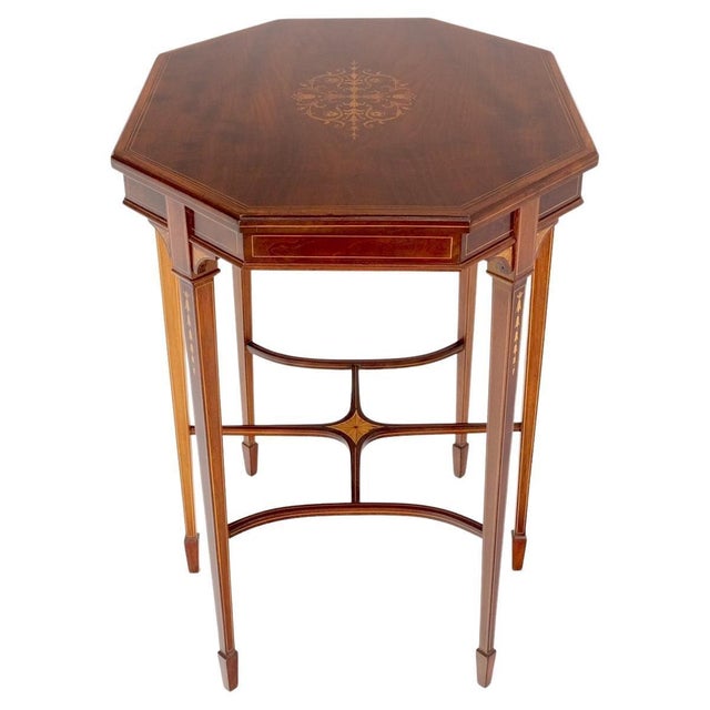 Very Ornate Delicate Lines Walnut Inlay Stretched Hexagon Lamp Side Table Mint For Sale - Image 9 of 16