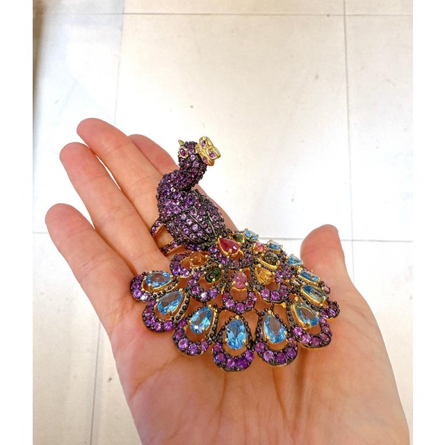 Ruby Red Bochic "Peacock" Vintage Diamond, Sapphire, Ruby & Gem Ring Set 18K Gold & Silver For Sale - Image 8 of 18