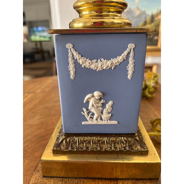 Mid 19th Century Sky Blue Bisque Cherub Jasperware and Cut Glass Neoclassical Column Lamps With Brass Fittings, Attributed to Wedgwood - Set of 2 For Sale - Image 9 of 12