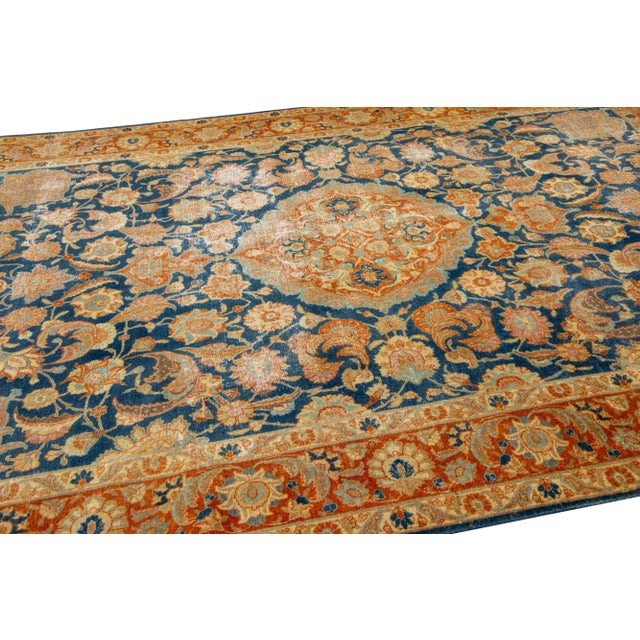 1960s Vintage Persian Distressed Handmade Floral Blue Wool Rug For Sale In New York - Image 6 of 7