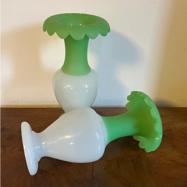 Antique 19th C. French Opaline Apple Green & White Glass Vases - a Pair For Sale - Image 11 of 12