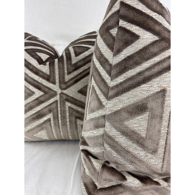 Cut Velvet on Woven in Brown 22" Pillows-A Pair For Sale - Image 4 of 5