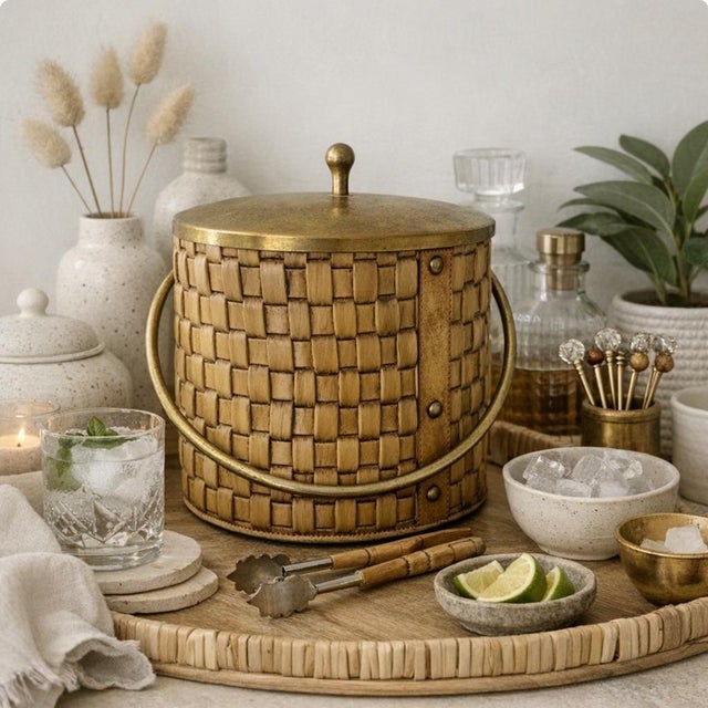 Mid-Century Modern Vintage Mid Century Modern Woven Ice Bucket With Glass Liner & Brass Finish Lid. For Palm Beach Regency, British Colonial & Natural Decor. Heavy Pc. For Sale - Image 3 of 11