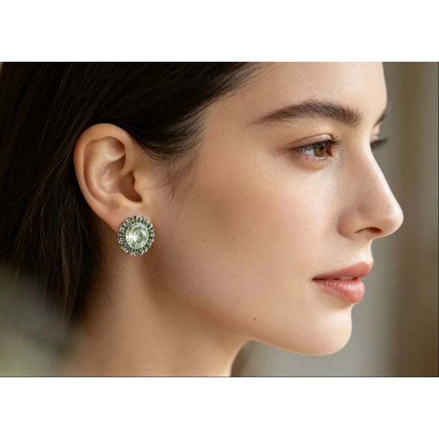 Traditional Late 20th Century 14K White Gold Green Amethyst Diamond Sunflower Earrings, Pair For Sale - Image 3 of 3