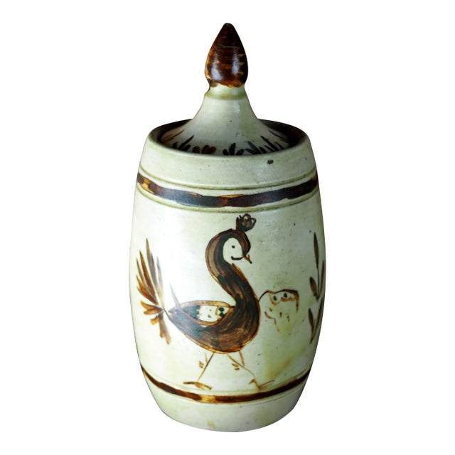 1960s Midcentury French Naive Boho Lidded Jar With Bird For Sale
