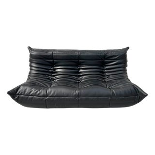 French Togo Sofa in Thick Black Cow Leather attributed to Michel Ducaroy for Ligne Roset, 1970s For Sale