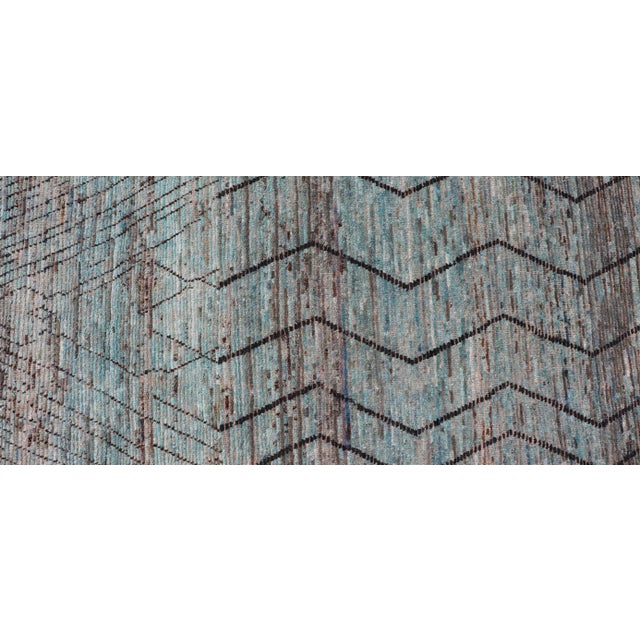 Early 21st Century Modern Casual Runner in Wool With Sub-Geometric Modern Design in Teal & Charcoal 3'4 X 9'10 For Sale - Image 5 of 9