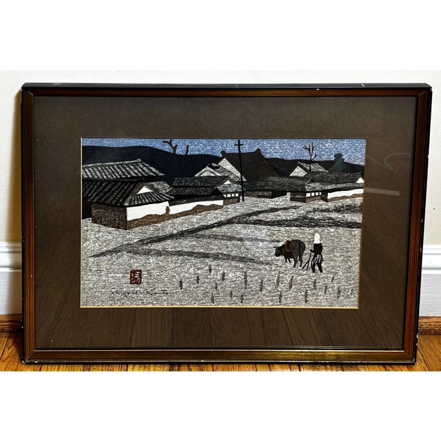 Mid-Century Modern Pair of Kiyoshi Saito Mid-Century Japanese Woodblock Prints - Plowing the Field & Pagoda, Framed For Sale - Image 3 of 14