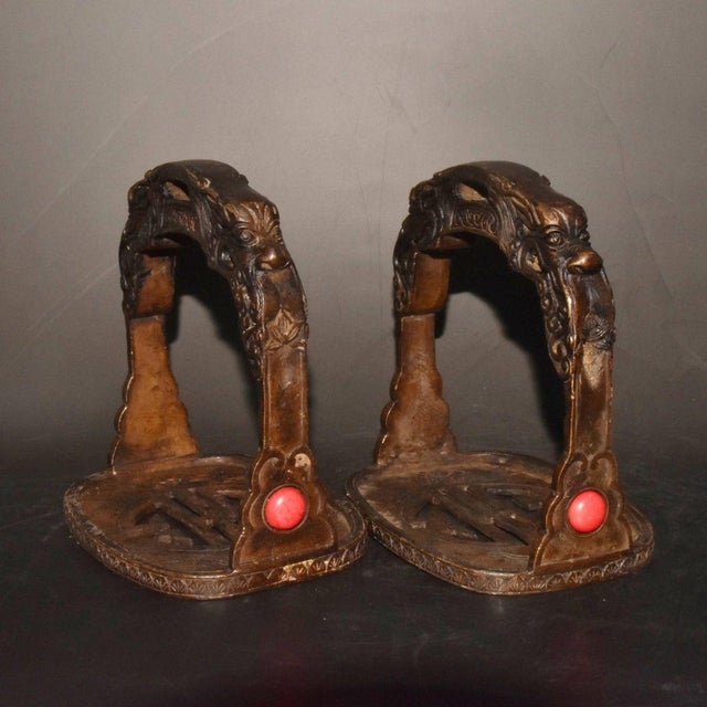 Pair of Antique Bronze Stirrups With Dragon Motif and Gemstone Inlays, 1.6kg For Sale - Image 9 of 9