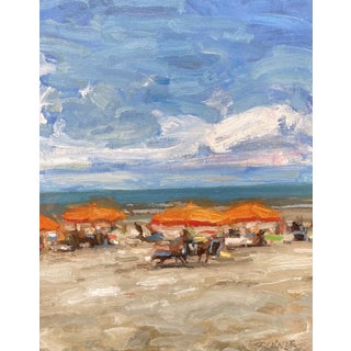 Beaches 9 by Jim Beckner | Oil on canvas board Beach scene with orange umbrellas and people. For Sale