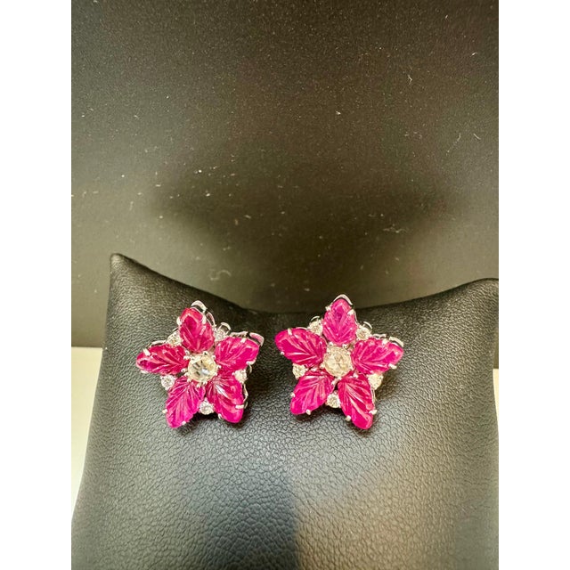 Ruby Red Tutti Frutti Earrings Natural Ruby Carved Leaves & Diamond Earrings in 18 KWG For Sale - Image 8 of 8