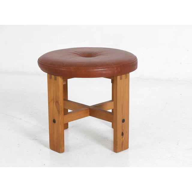 Vintage Midcentury Modern Leather & Pine Stool Ottoman, in the Manner of Kai Kristianssen, Sweden, 1970s For Sale In New York - Image 6 of 12