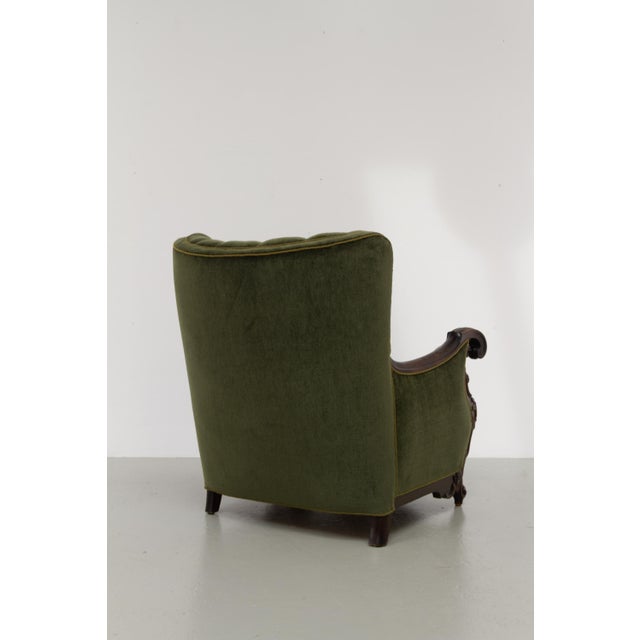 Danish Carved Lounge Chair in Green Velvet, 1920s For Sale - Image 9 of 18