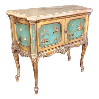 Antique 1920s Petite Marble Top Italian Rococo Chinoiserie Style Painted Commode Cabinet For Sale