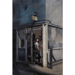 Exit by Stefan Smit | Oil on loose canvas Woman exiting a building through a door. For Sale