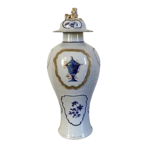 1800s Chinese Export Basketweave Vase with Foo Dog Finial