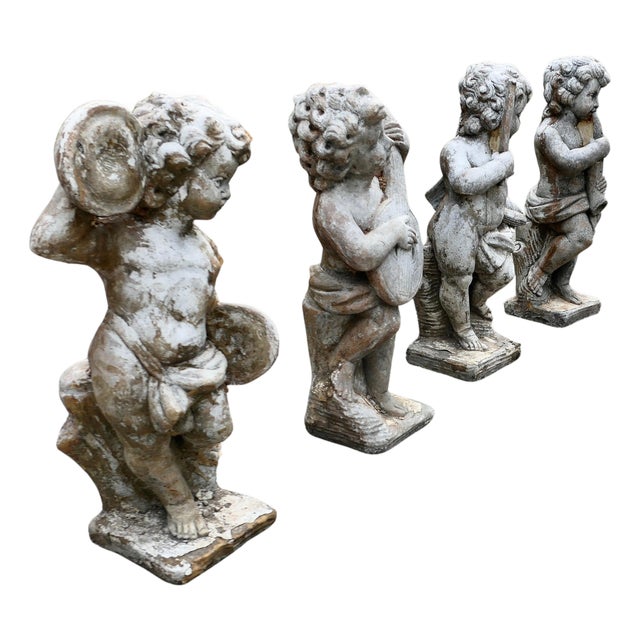Weather Worn Cherub Statues with Instruments, 1920, Set of 4 For Sale