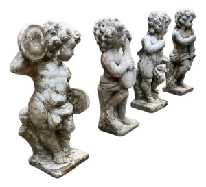 Weather Worn Cherub Statues with Instruments, 1920, Set of 4