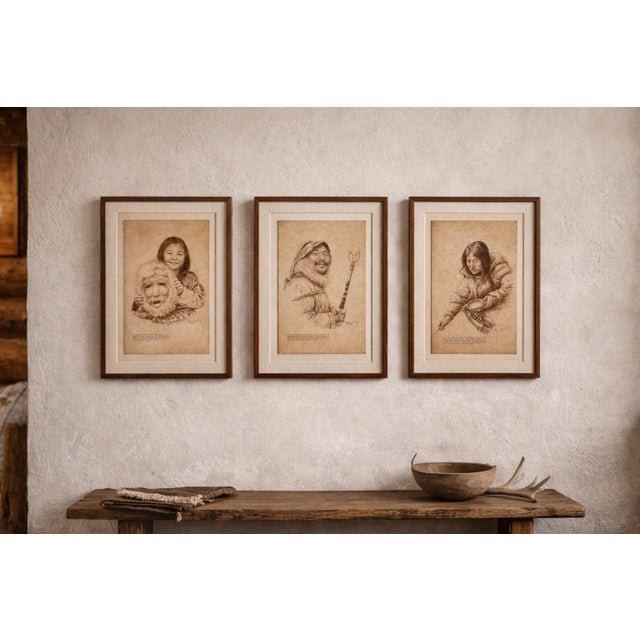 Plastic Set of Three Signed 1972 Inuit-Themed Sepia Prints on Aged Paper — Authentic Patina, Designer Wall Art For Sale - Image 7 of 8