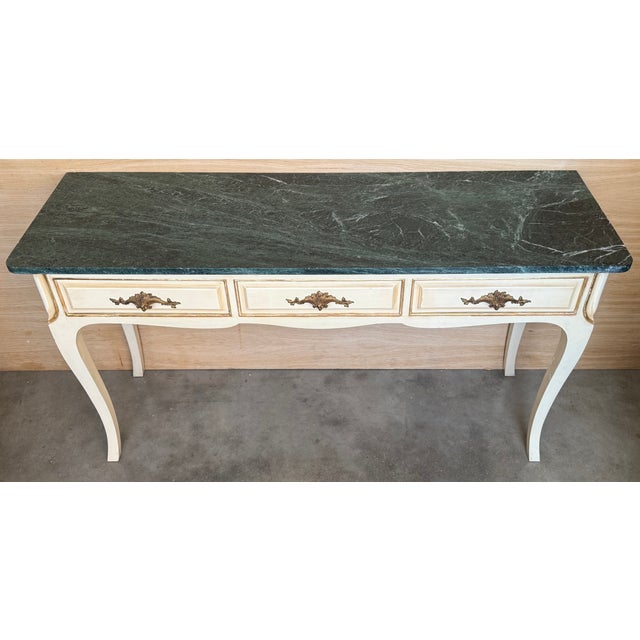 French 20th Century French White Painted Table Console With Green Marble Top For Sale - Image 3 of 16