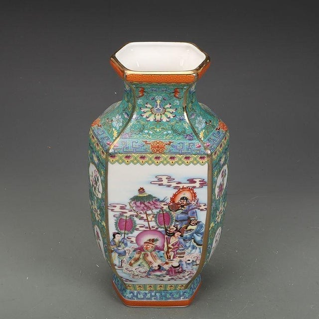 Chinese Mid 20th Century Famille Rose Hexagonal Porcelain Vase, Chinese Enameled Figural Scene Vase For Sale - Image 3 of 9