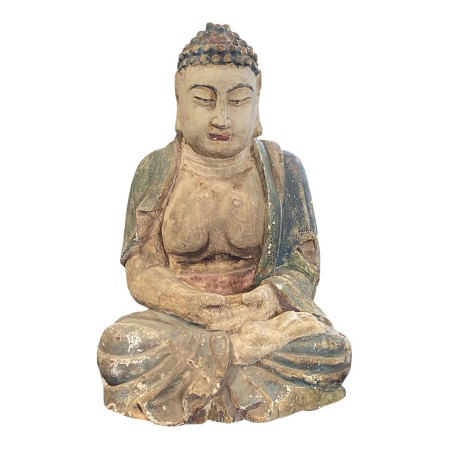 Vintage Meditating Wooden Lord Buddha 19" H For Sale