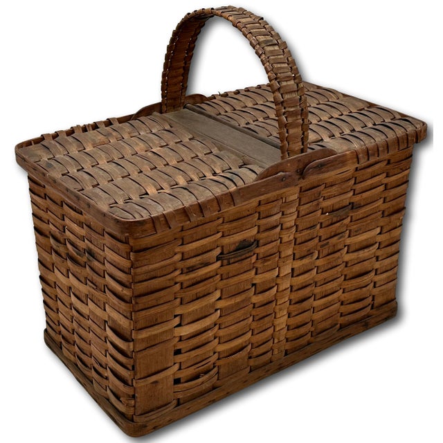Sienna Outstanding Antique American Pennsylvania Amish Hand Woven Alder & Ash Wood Splint Picnic Basket Circa Late 1800s For Sale - Image 8 of 18